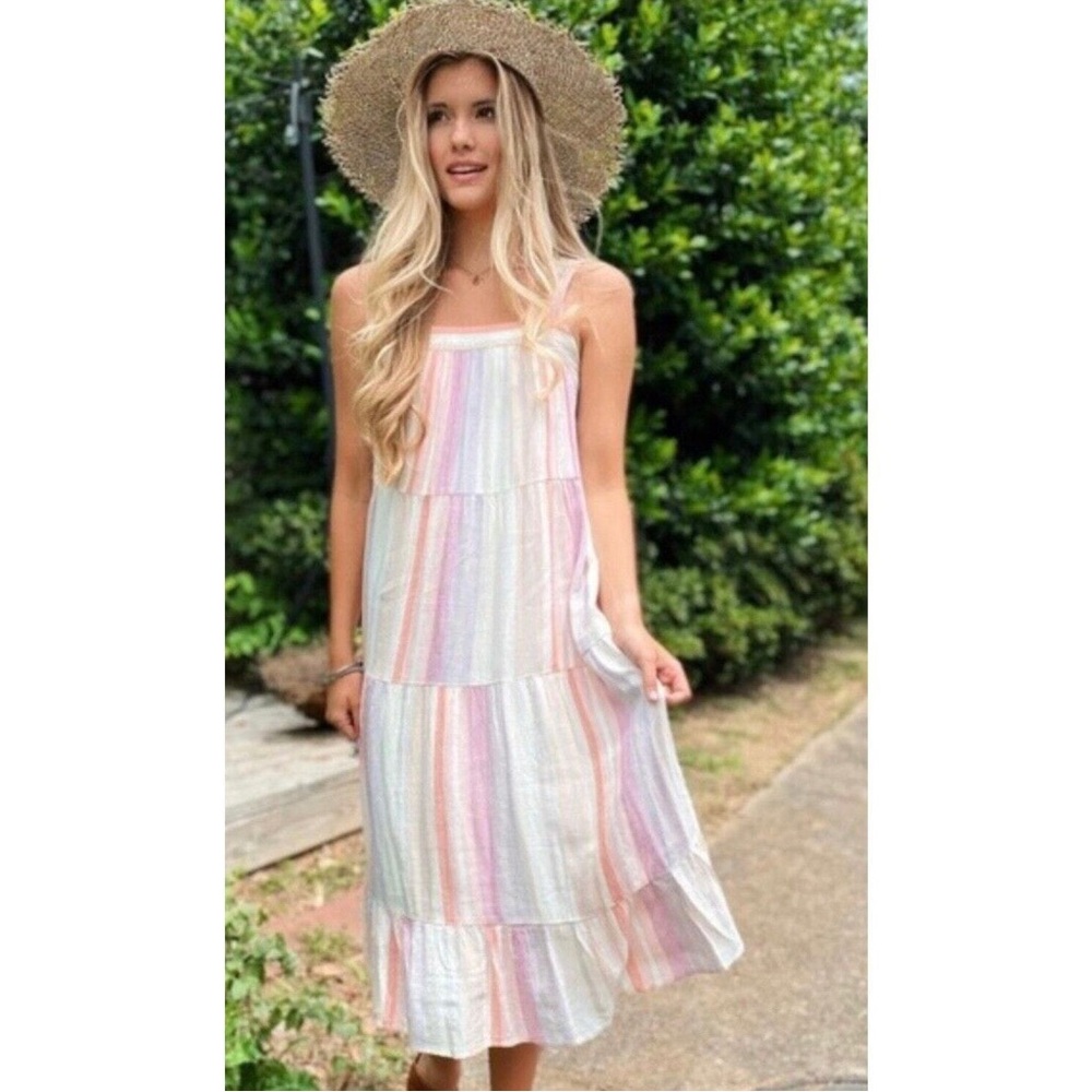 Rails Amaya Juliette Stripe Midi Dress Linen Blend Boho Relaxed Tiered Ruffle S*
